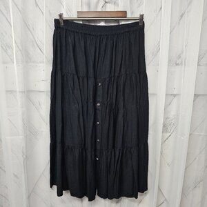 Rhythm Blue Black Tiered Boho Elastic Waist Rayon Midi Skirt Size M